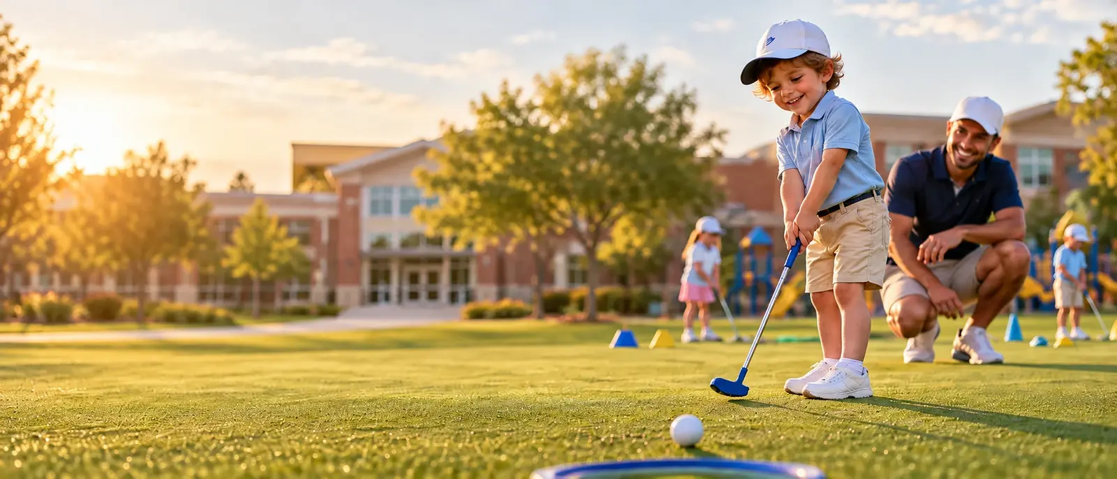 A smiling child lines up a putt on a sunny school lawn while a coach crouches nearby and other kids practice behind them